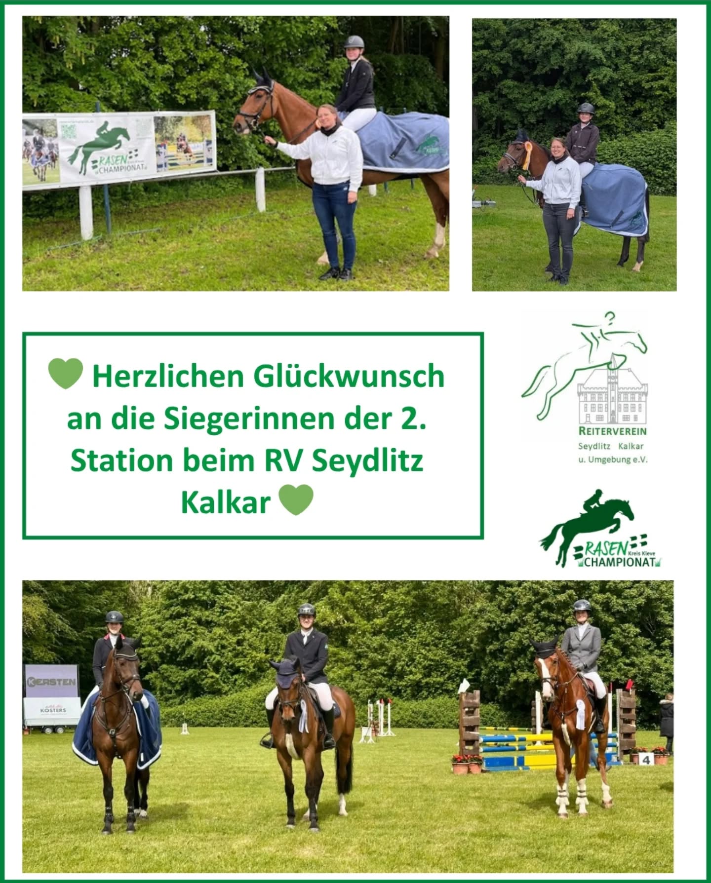 Die zweite Station des Rasenchampionates wurde beim RV Seydlitz Kalkar ausgetragen. Trotz des widrigen Wetters war der Boden dauerhaft in einem guten Zustand, so dass bis zum letzten Pferd toller Sport zu sehen war. 👌

Folgende Paare siegten in den jeweiligen Wertungsprüfungen: 
Klasse E: Mila Geurts auf Dream´s number one (RV Kranenburg)
Klasse A**: Ronja Itjeshorst mit Colette du Midour (RSV Wesel-Obrighoven)
Springpferde-Wertung: Sina Heisterkamp und Syozz Gold (RV von Bredow Keppeln)

Herzlichen Glückwunsch den Siegern und allen weiteren Platzierten und einen ganz großen Dank an den RV Kalkar für dieses tolle Turnier trotz der erschwerten Bedingungen! 🫶

Wir freuen uns auf die nächsten Stationen mit euch - Gemeinsam für Grün 💚

#gemeinsamfürgrün #rasenchampionat2026 #competitionseason #showjumper #showjumping #equestrian  #rasenplätze