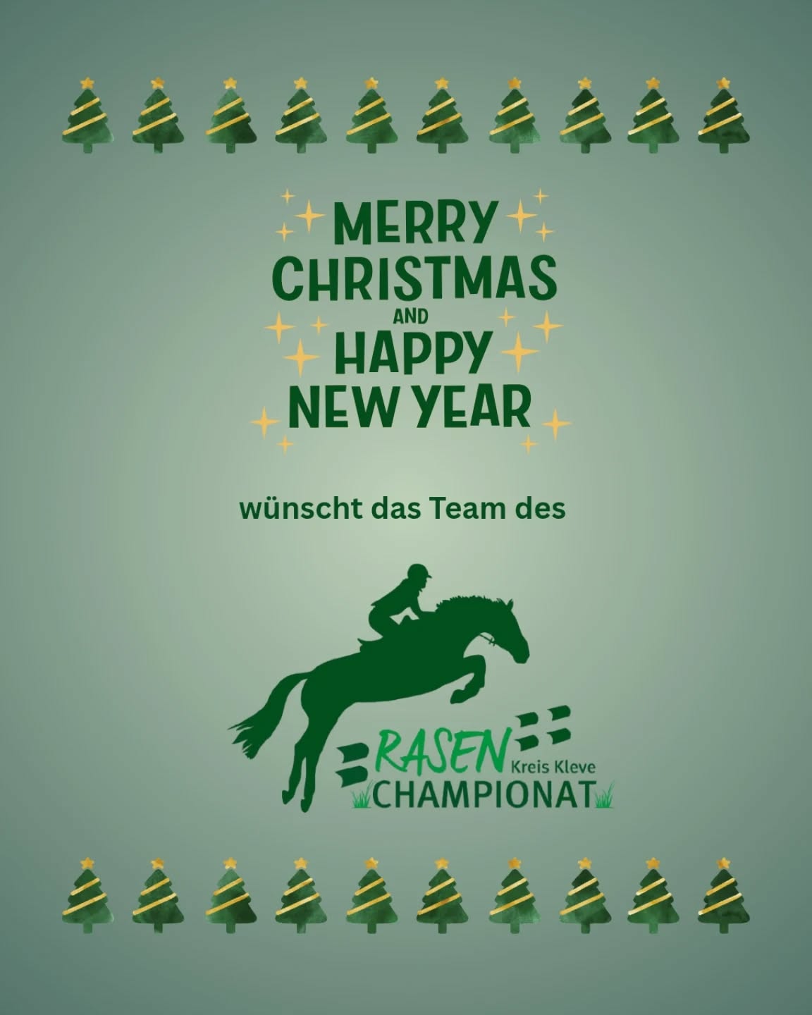 Ein ereignisreiches Jahr neigt sich dem Ende zu. 

Das Team Rasenchampionat wünscht allen Teilnehmern, Unterstützern und Veranstaltern schöne, erholsame Feiertage und einen guten Rutsch ins neue  Jahr 🎄🐎✨

Aktuell liegt unsere Ausschreibung noch zur Genehmigung beim Verband, wir hoffen euch bald mit Infos zum Rasenchampionat 2026 versorgen zu können 😄 

✨️✨️Frohe Weihnachten ✨️ ✨️