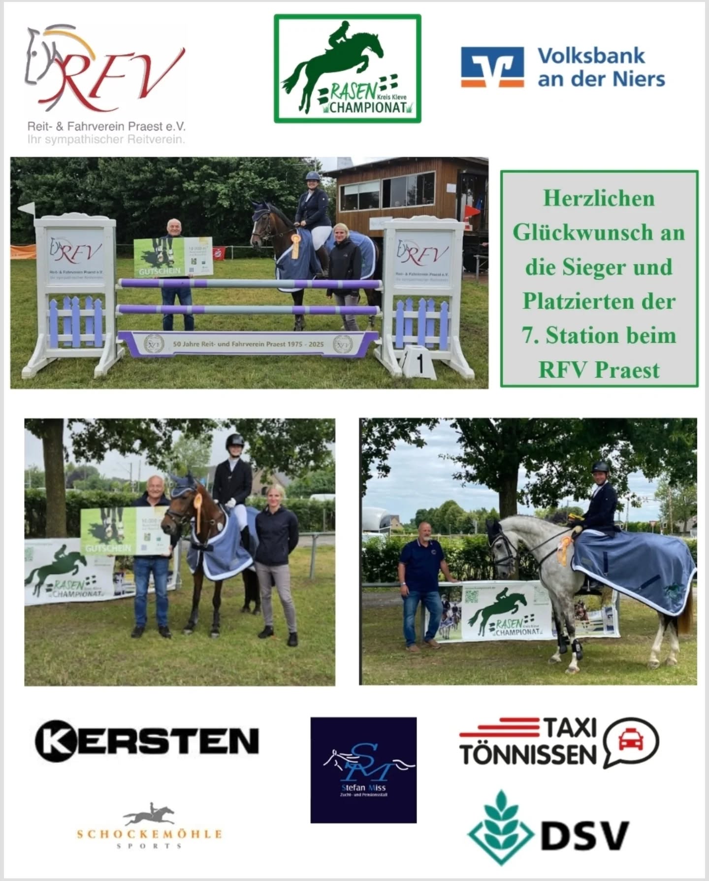 Am vergangenen Wochenende fand bereits die 7. Station des Rasenchampionats beim RFV Praest statt.

Folgende Paare siegten in den einzelnen Wertungen:

Klasse E: Maja van Dillen auf Vina Vicencia (RFV Praest)
Klasse A**: Emily Alexander mit Ubi Wahn (RFV von Driesen Asperden-Kessel)
Springpferde-Wertung: Georg Keisers und Cyrill (RV Eintracht Veen)

Herzlichen Glückwunsch den Siegern und allen weiteren Platzierten! 👏

Gemeinsam für Grün 💚

#gemeinsamfürgrün #rasenchampionat2025 #competitionseason #showjumper #showjumping #equestrian  #rasenplätze