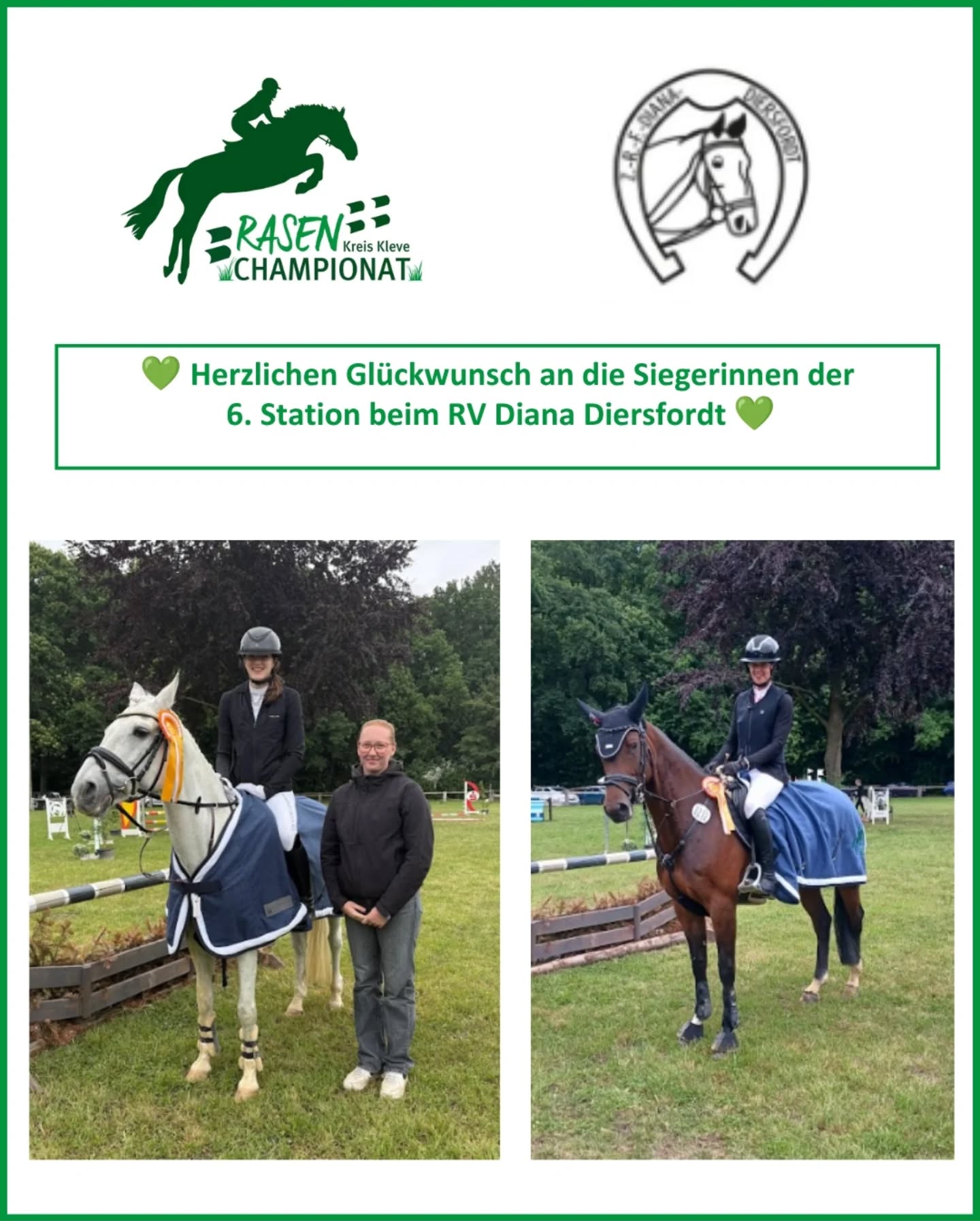 Beim RV Diana Diersfordt wurden zwei Wertungen des Rasenchampionates am vergangenen Sonntag ausgetragen. 

Folgende Paare siegten in den jeweiligen Wertungsprüfungen:

Klasse E: Mina Schwarz auf Nowbody (RV Stockum e.V.)
Klasse A**: Britta Tepasse mit Kanndarco´s Kaskade (ZRFV Loikum e.V.)

Herzlichen Glückwunsch den Siegerinnen und allen weiteren Platzierten! 🏆 

Wir freuen uns auf die nächsten Stationen mit euch - Gemeinsam für Grün 💚

#gemeinsamfürgrün #rasenchampionat2026 #competitionseason #showjumper #showjumping #equestrian #rasenplätze