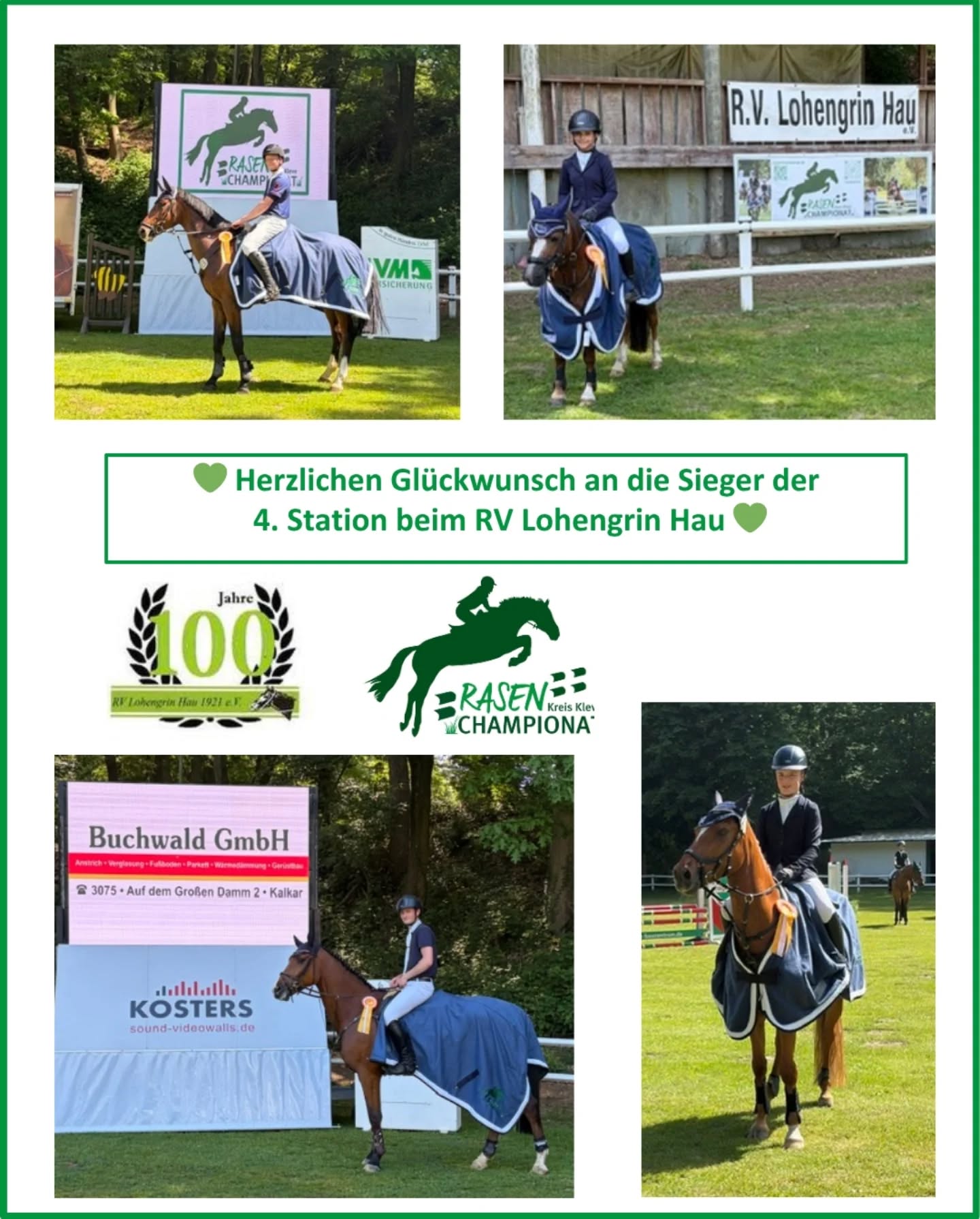 Bei sommerlichen Temperaturen fand die vierte Station des Rasenchampionats 2026 beim RV Lohengrin Hau auf einem bestens präparierten Rasen statt. ☀️

Folgende Paare siegten in den jeweiligen Wertungsprüfungen:

Klasse E: Sidney Mario Senf auf Donier de Lux (RSV Wesel-Obrighoven)
Klasse A**: Mika Duvenhorst mit Crownina (RFV Asperden-Kessel)
Springpferde-Wertung: Jan-Hendrik Schnetger und Coldman (Club der Pferdefreunde Goch)

Im Mini-Rasenchampionat siegte Mylie Christa Senf auf Ramonshof Sally (RSV Wesel-Obrighoven) 🏆🏆

Herzlichen Glückwunsch den Siegern und allen weiteren Platzierten! 👏👏

Wir freuen uns auf die nächsten Stationen mit euch - Gemeinsam für Grün 💚

#gemeinsamfürgrün #rasenchampionat2026 #competitionseason #showjumper #showjumping #equestrian  #rasenplätze